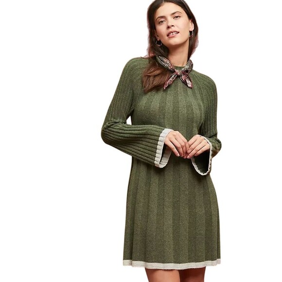 BY ANTHROPOLOGIE Green Arsenau Sweater Dress Wool Alpaca SIZE SP SMALL PETITE - Picture 1 of 10